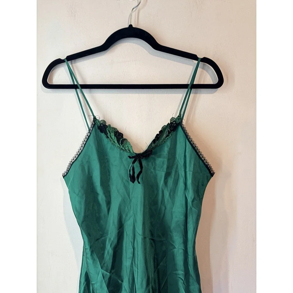 Vintage Satin Slip Lingerie Dress Nighty‎ Green Lace Trim Medium Made In USA
